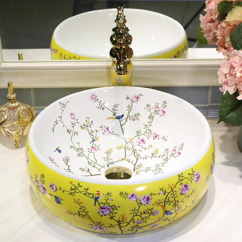 

New design round shape Jingdezhen ceramic sink wash basin Ceramic Counter Top Wash Basin Bathroom Sinks in sink flower bird