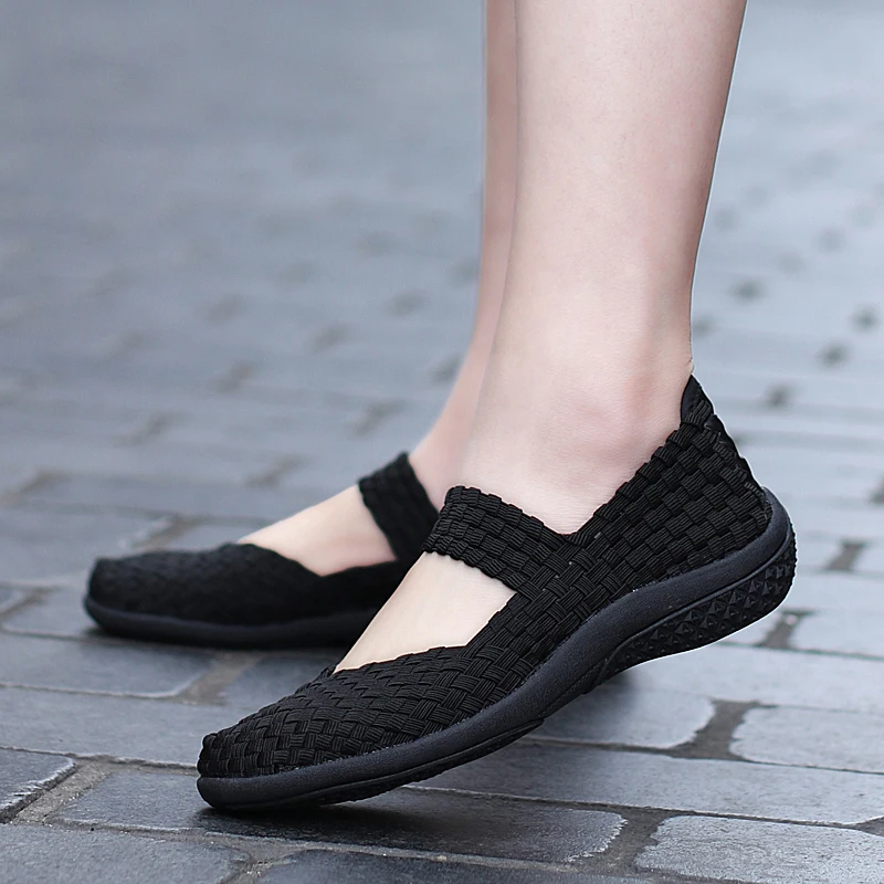 Womens Woven Sneakers Slip On Flat Woman Gym Shoes Non-slip Soft Female Summer Footwear Leisure Loafers Black Sneaker Plus Size