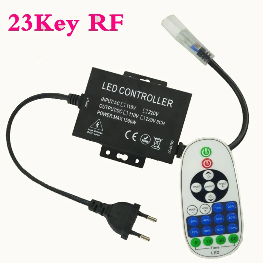 1500W 110V 220V dimmer controller with 3key/23key RF Remote EU/US plug for 100m single color LED strip Light