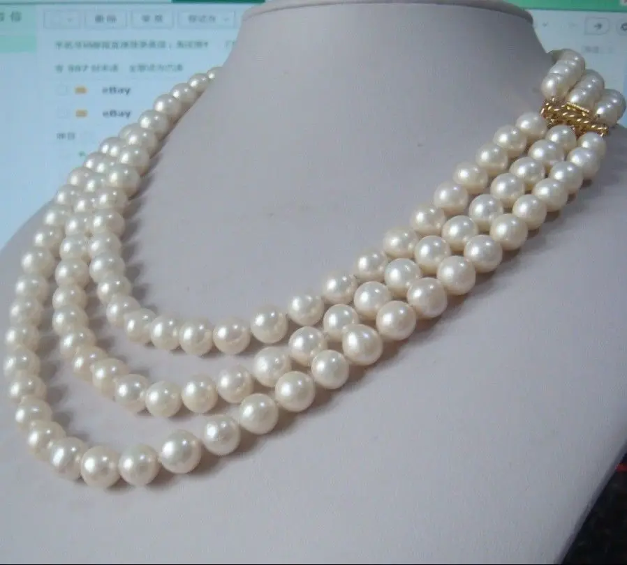 

women Fashion Jewelry 3 strands 7-8mm natural cultured freshwater hhite round Pearl Necklace 17"18"19"