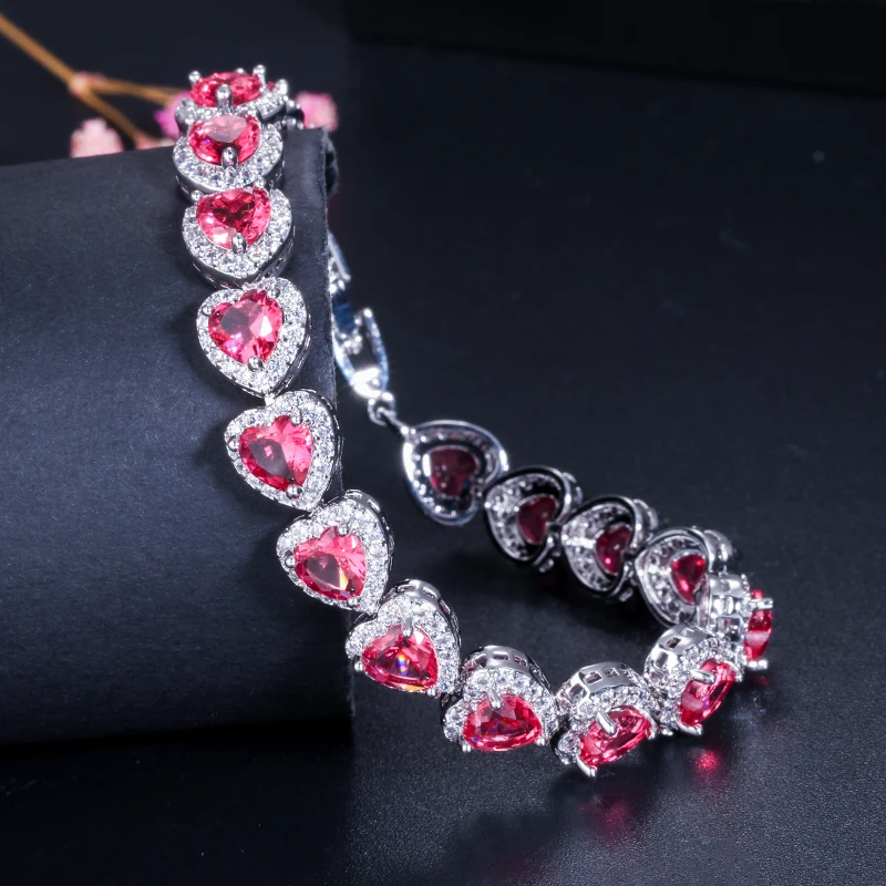 BeaQueen Charming Love Heart Cut Ladies Multicolored CZ Zirconia Tennis Bracelets Colorful Wedding Jewelry Accessories B045