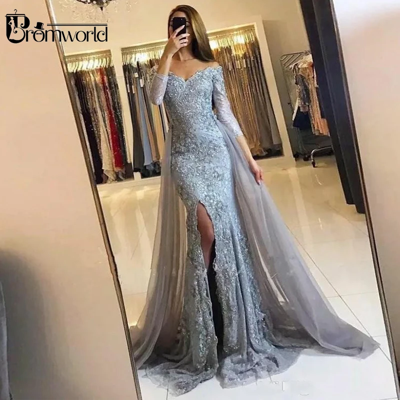 Black Muslim Evening Dresses 2024 Mermaid 3/4 Sleeves Lace Beaded Slit Tulle V-Neck Dubai Kaftan Saudi Arabic Long Evening Gown