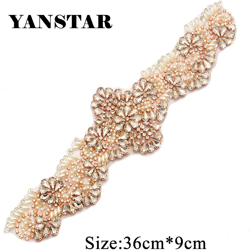 YANSTAR 10PCS Wholesale Rhinestone Appliques Sew On Bridal Gown Belts Rhinestone Appliques With Beads DIY Bridal Gown YS908