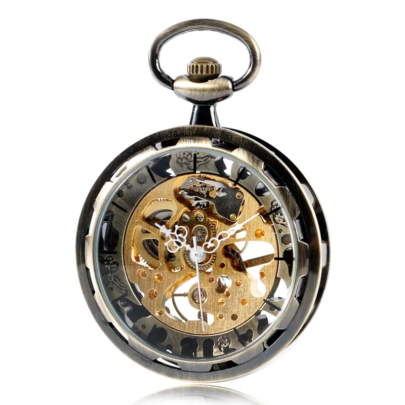 Vintage Bronze Skeleton Gear Gold Dial Luxury Mechanical Hand Wind Pocket Watch Analog Steampunk Fob Chain Clock Gifts Men