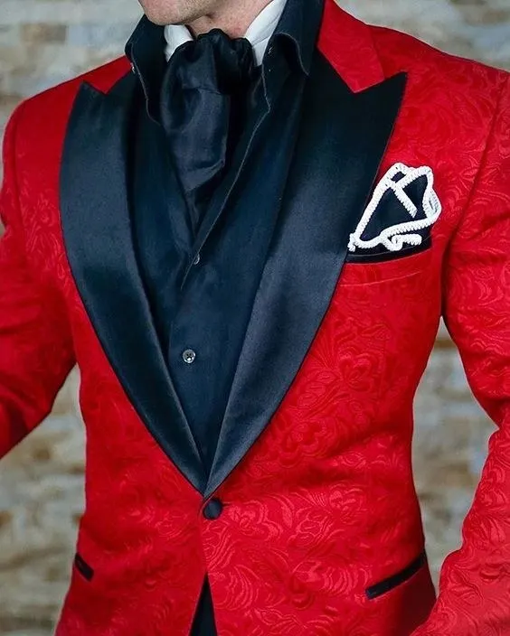 

Fashionable One Button Red Paisley Groom Tuxedos Peak Lapel Groomsmen Mens Wedding Suits Blazers (Jacket+Pants+Tie) W:625