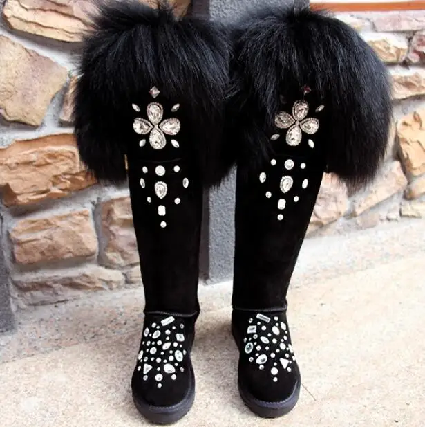 Girl\'s Winter Black Bling Rhinestone Embellished Big Fox Tail Fur Over Knee Snow Boots Women Botas Plush Inside Thigh High Boots