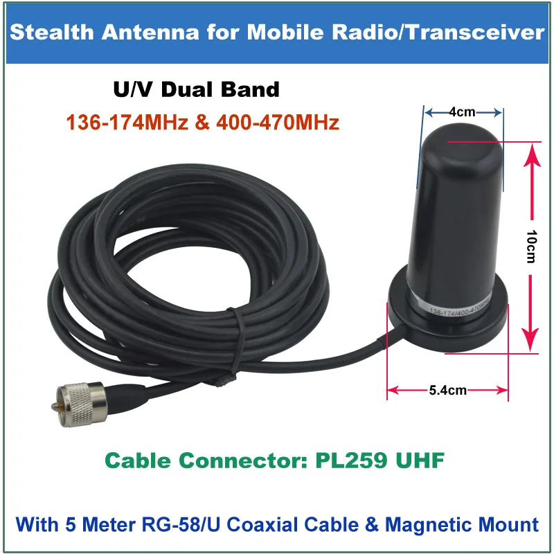 

Dual Band 136-174/400-470MHz Stealth Mobile Antenna w/ mounting & 5M RG-58/U Coaxial Cable For QYT KT-8900 KT8900 Mobile Radio