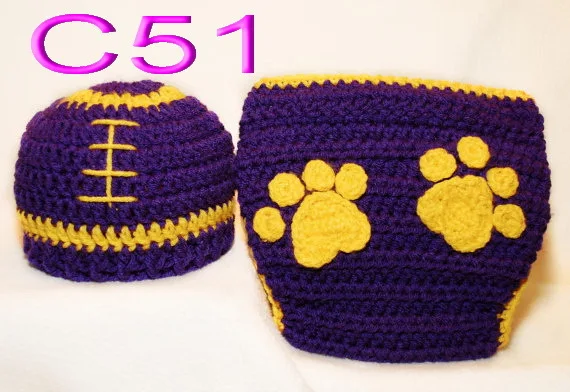 

Special clearance- Handmade crocheted purple Football Hat and bear paw print Diaper Cover set, photo prop 6-12month