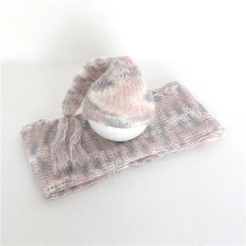 35cm x 170cm Crochet mohair wrap with bonnet set Newborn Photography boy hat Baby swaddle sack blanket backdrop