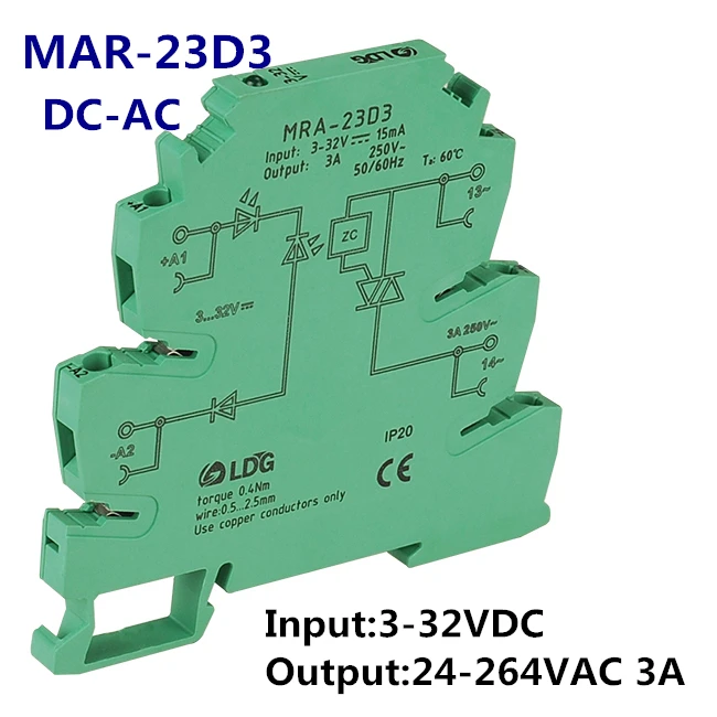 MRA-23D3 Innovative Mini 6.2mm 3A Input: 3V 5V 12V 24V 32V DC Solid State Relay DIN Rail Interface SSR Relay Switch Module