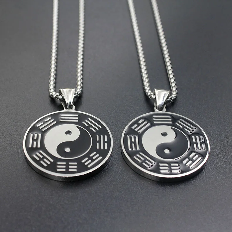 316L stainless steel Silver color Enamel Black White Circle Bagua Tai Chi Ying Yang Pendant Collar Lucky Necklace Jewelry