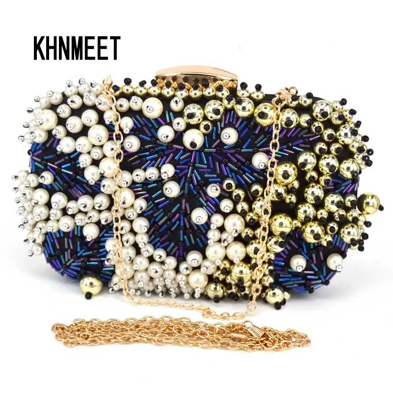 

Fashion Luxury Blue Beaded Evening Bag Pearl Clutch Wedding Bridal Party Bag Female pochette Purse banquet soiree Bag Z95