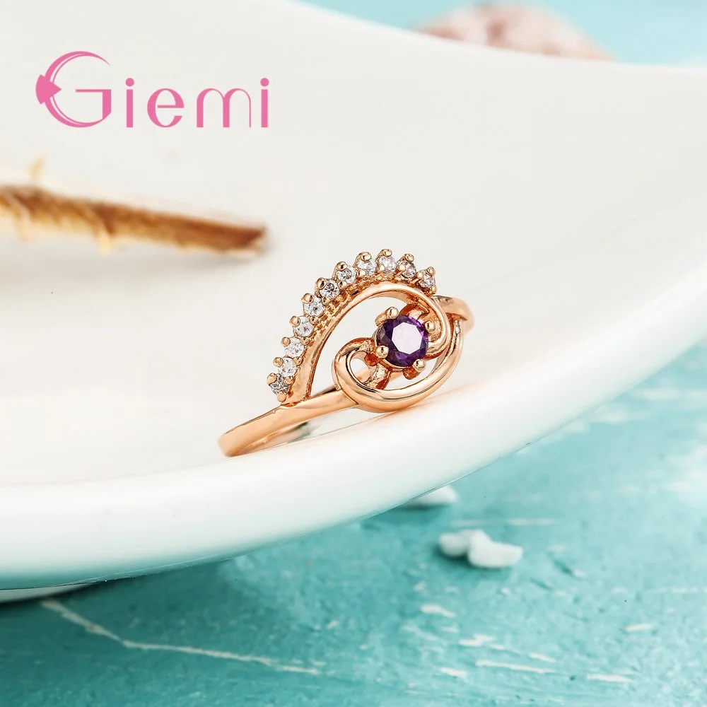 New Fashionable Rose Gold Finger Rings For Women Female Special Round Shape Purple Cubic Zirconia Jewelry Crystal Present