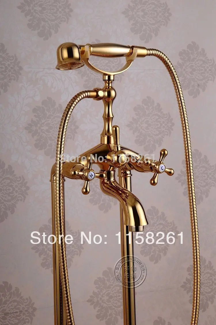 Imagem -03 - Torneiras da Banheira de Ouro Latão Torneira do Chuveiro do Banheiro Chuva Chuveiro Mão Suporte Chão Telefone Luxo Banheira Misturadora Conjunto