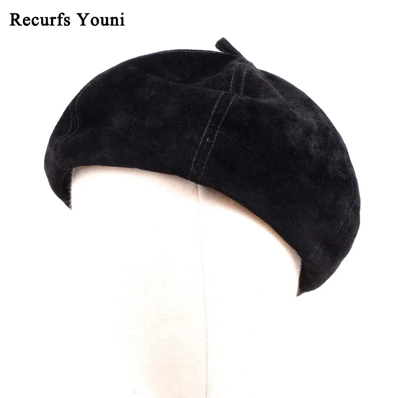 NEW RY975 Spring 2023 Woman European Genuine Leather Suede Thin Beret Caps Female Watermelon Black Beanies Street Painter\'Hat