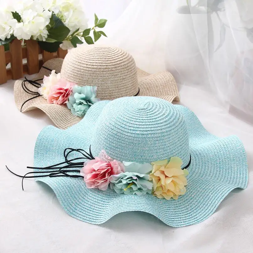 Fashion parent-child Cute flower sun hats Girl hand made straw wave wide brim sun hats casual shade hat summer woman beach hat