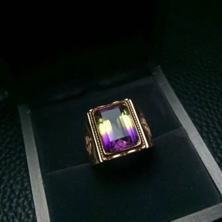 Real And Natural Ametrine Ring Man ring Free shipping 925 sterling silver 10*14mm gem For men Fine handworked jewelry