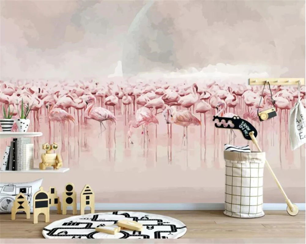 

Customize 3d wallpaper Nordic fashion flames fire sea flamingo children's room kindergarten decoration 3d wallpaper