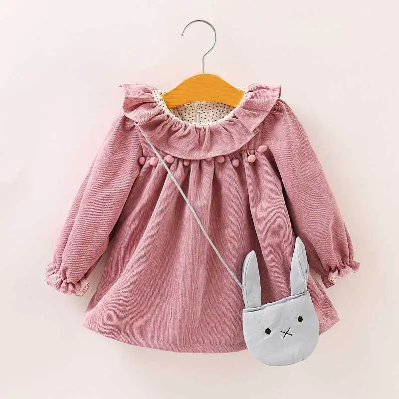 Children's Clothing Autumn new pure color frills Collar dress Kids Girls Baby falbala ruffle princess dress with bag DR19136