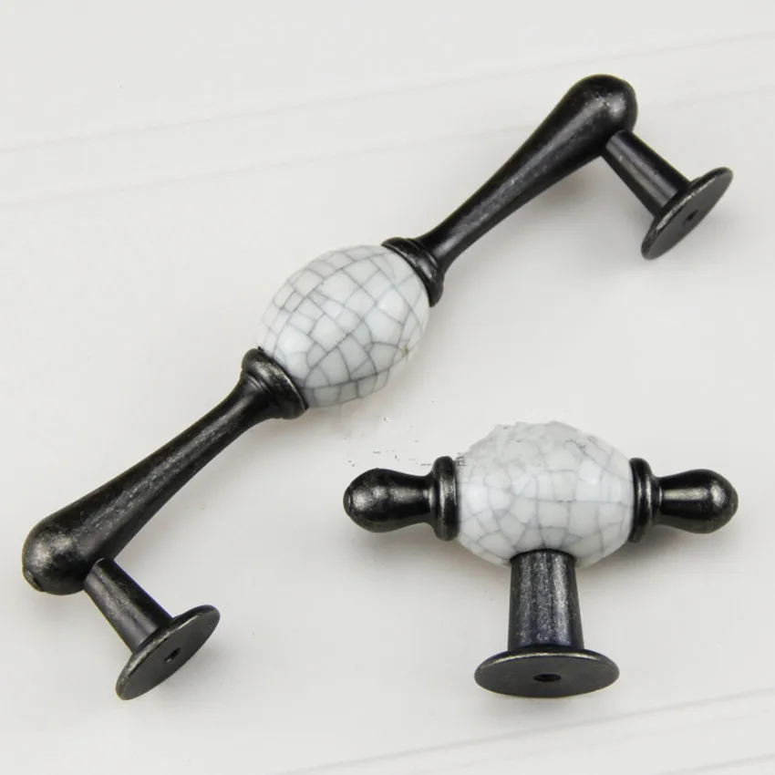 Top quality creative retro furniture handles 128mm antique iron wardrobe dresser cabinet door handles crack creamic drawer knobs