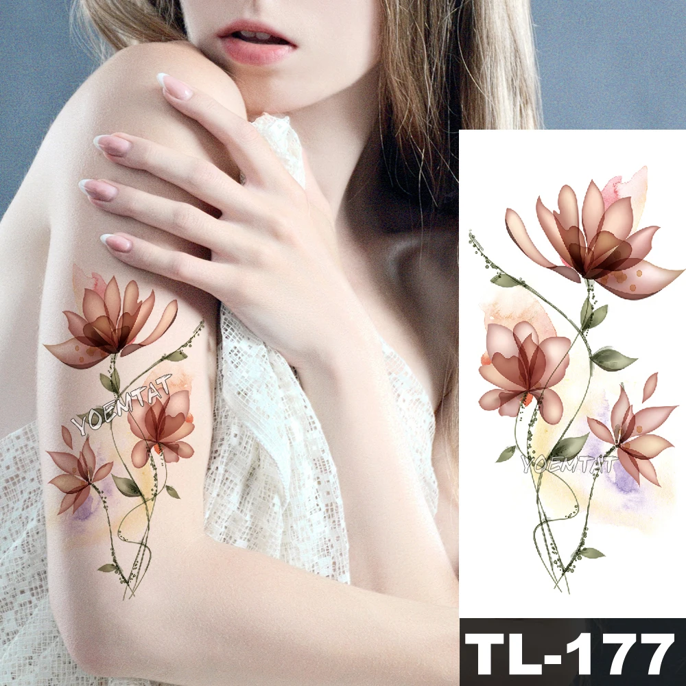 Purple Watercolor Rose Lily Flower Waterproof Tattoo Stickers Women Body Chest Art Temporary Tatto Girl Waist 3D Flowers Tatoo