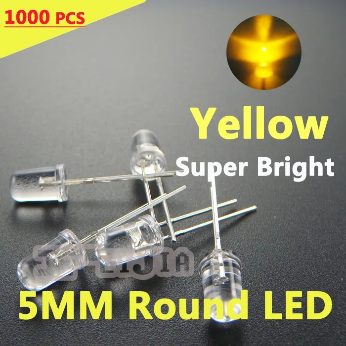 1000pcs/lot 5mm Yellow Round LED Diode Lndicator lights Super bright [Yellow] IV:4000-6000MCD DC1.9-2.1V Free Shipping