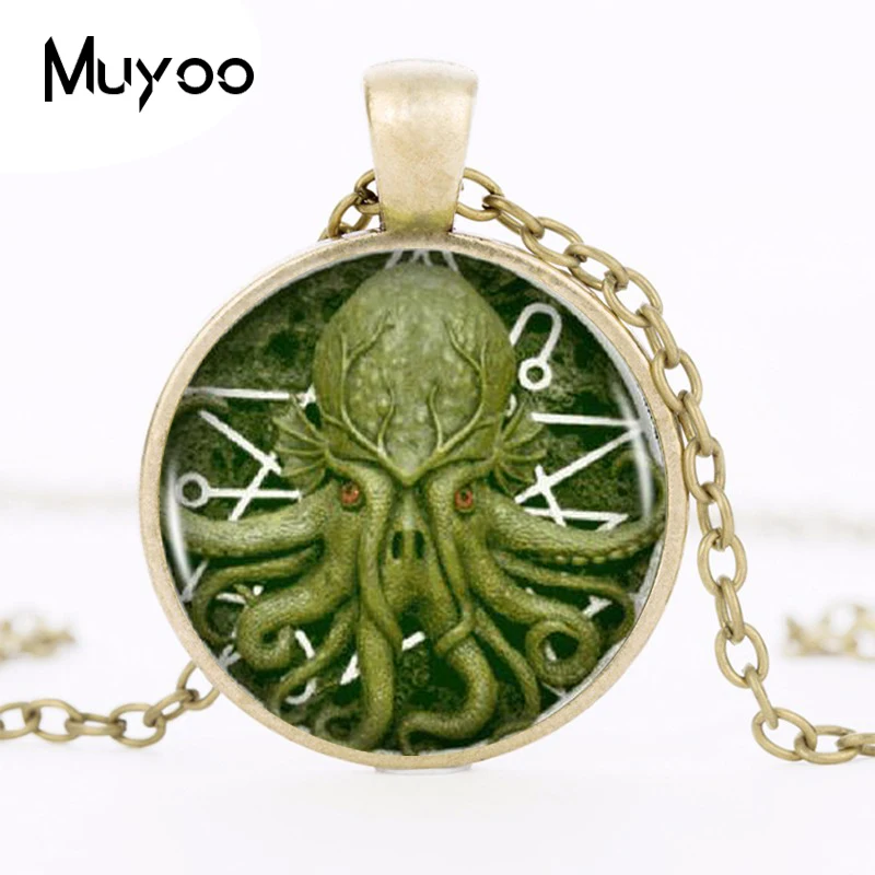 New Arrival Pentagram Kraken Cthulhu Pendant Necklace Glass Cabochon Long Sliver Chain Statement Necklace Fine Jewelry HZ1