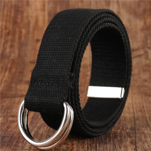 Imagen 2 del producto Cinturón de lona de algodón sólido para hombres y mujeres, hebilla de anillo doble en forma de D, Simple, combina con todo, Unisex, cinturón de cintura de lujo, moda