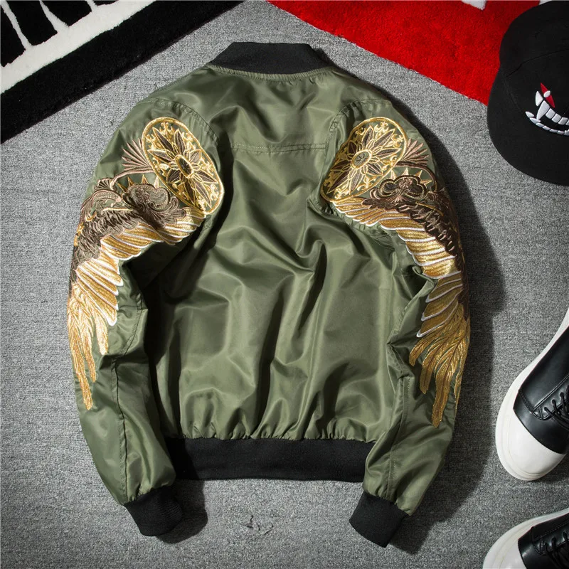 Men\'s Spring Hip Hop Jackets Gold Wings Embroidery Bomber Jacket Men Streetwear Brand Clothes Casual Outwear Coat Black WE325