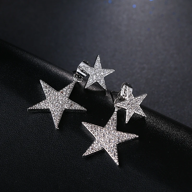 EMMAYA New Fashion Geometric Luxury Double Star Earrings For Women White Gold Silver Color Brincos