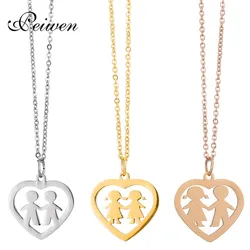 Fashion Figure Boy & Girl in Heart Pendant Necklace Stainless Steel Children Kids Necklace Gold Silver Color Chain Charm Choker