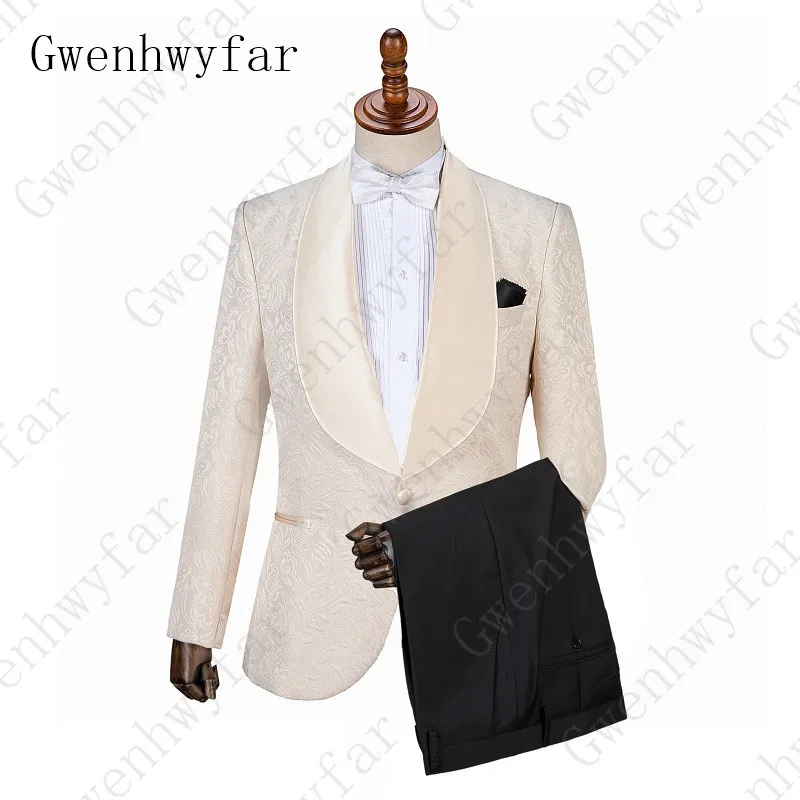 

Gwenhwyfar Male Suit With Pants Wedding Groom Prom Suits For Men Beige Blue Floral Jacquard Slim Fit 2 Pieces ( Jacket +Pants)