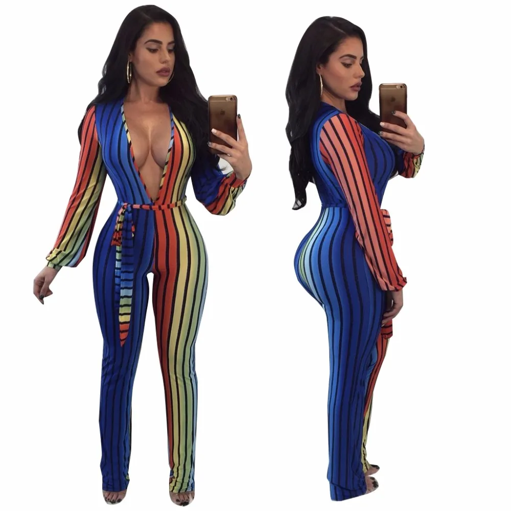 2019 Spring Women Striped Jumpsuit Plus size Clothing Sexy V-neck Bodysuit Sashes