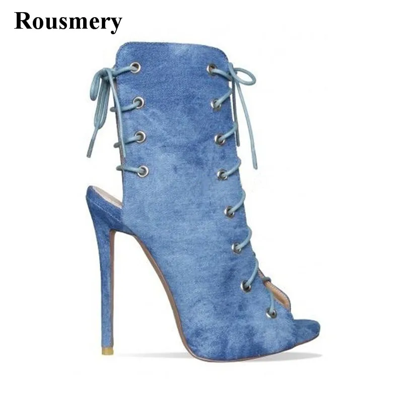 

2017 New Design Women Fashion Open Toe Lace-up Ankle Gladiator Boots Cut-out Denim High Heel Short Boots Thin Heel Dress Shoes