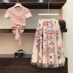 Women Flower Pring Mesh skirt and Cotton Irregular T-shirt Casual 2 Piece Set Bowknot Pink Crop Tops Floral Mid-clf Skirt Sets