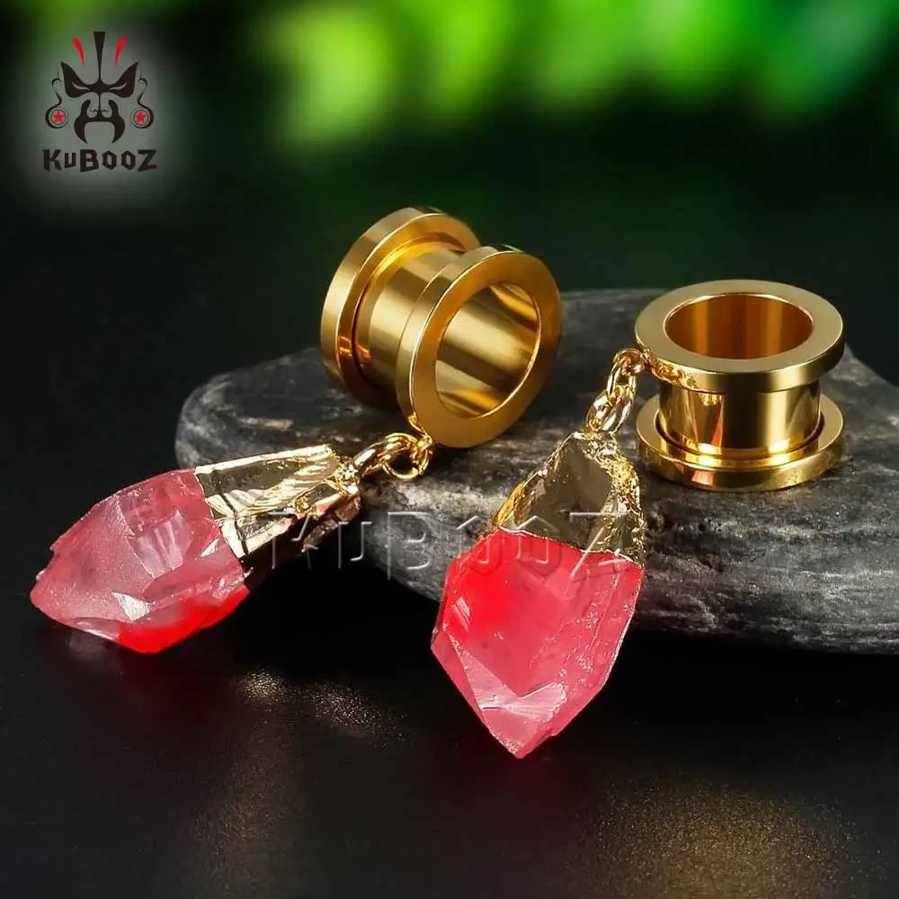 KUBOOZ Dangle Ear Plugs Piercing Tunnels Crystal Eardrop Body Jewelry Steel Screw Earring Gauges Expander Women Fashion Gift 2PC