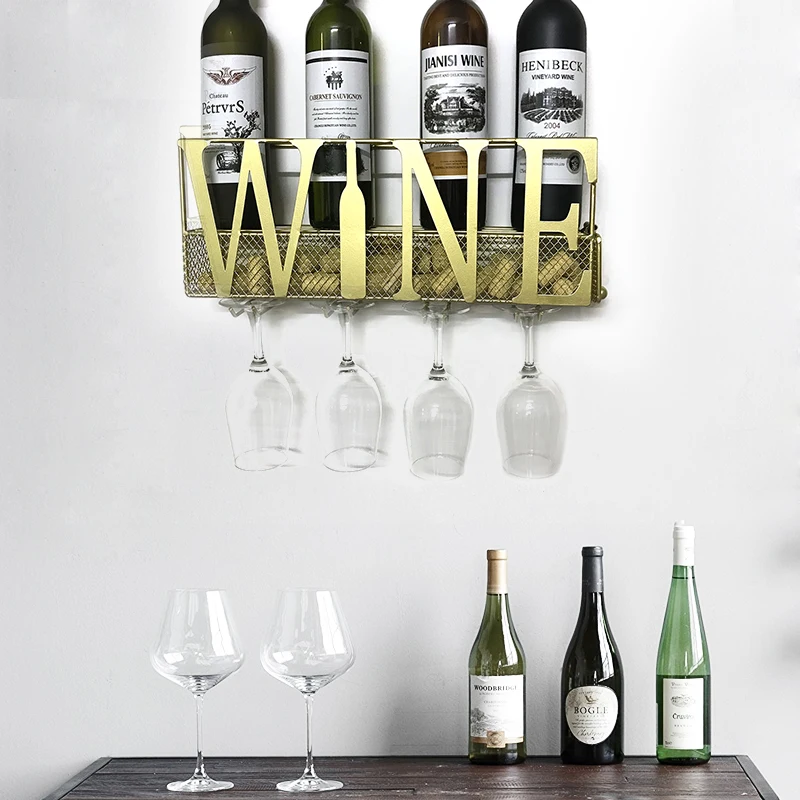 

"WINE" Design Wall Mounted Metal Wine Champagne Rack With 4 Long Stem Glass Holder and Wine Cork Storage, Storage Shelf Rack