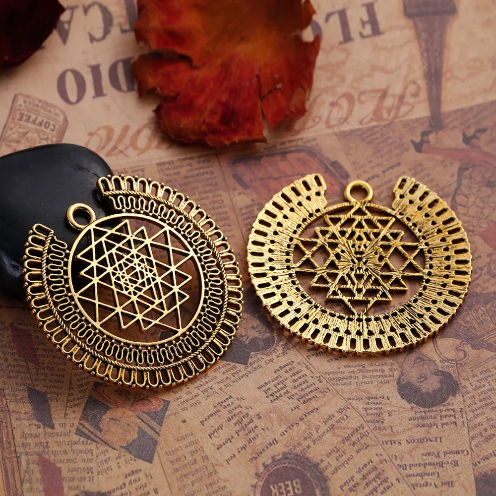 DoreenBeads Zinc Based Alloy Antique Gold Round Gold Tone Sri Yantra Meditation Pendants Hollow DIY Components 49mm x 47mm, 2 P