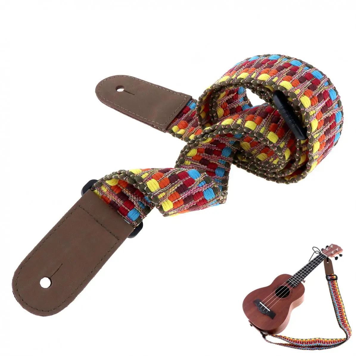 

Adjustable Colorful Ukulele Cotton Strap 75 - 130cm Length 4CM Width Embroidery Weaving style with Soft Genuine Leather Head