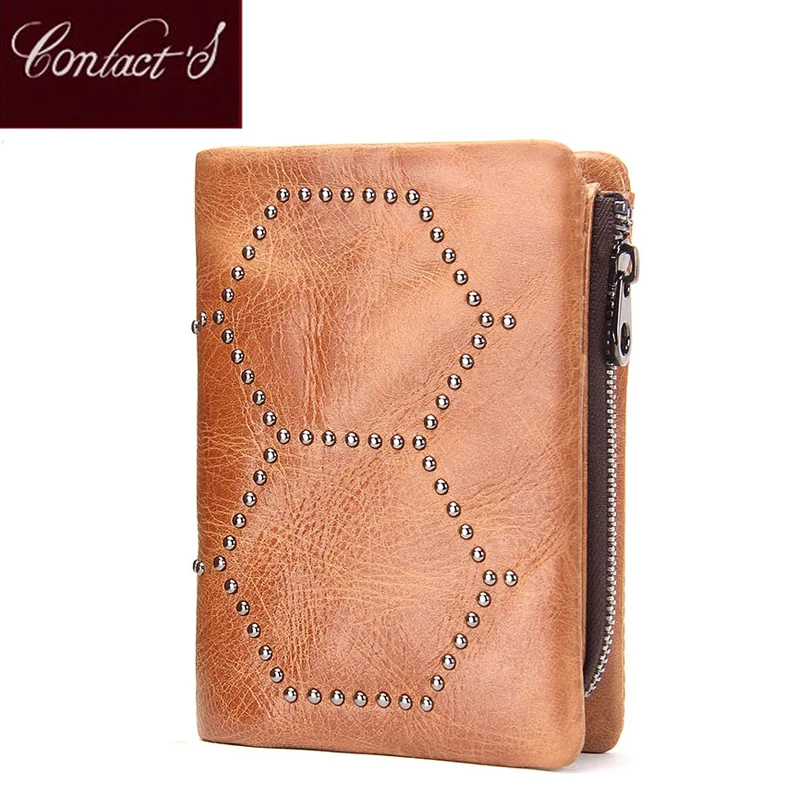 Contact\'S Genuine Leather Women Wallets Female Fashion Zipper Small Coin Purses Holders Retro Short Mini Wallet and Purse