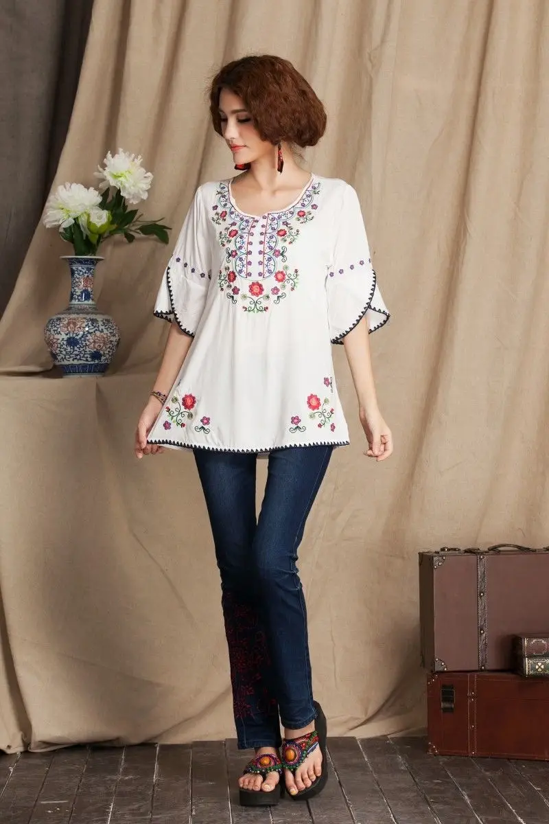 Tunique en coton doux pour femme, chemisier hippicopter, broderie florale mexicaine, chemises d\'été Boho, vintage des années 70, 2021