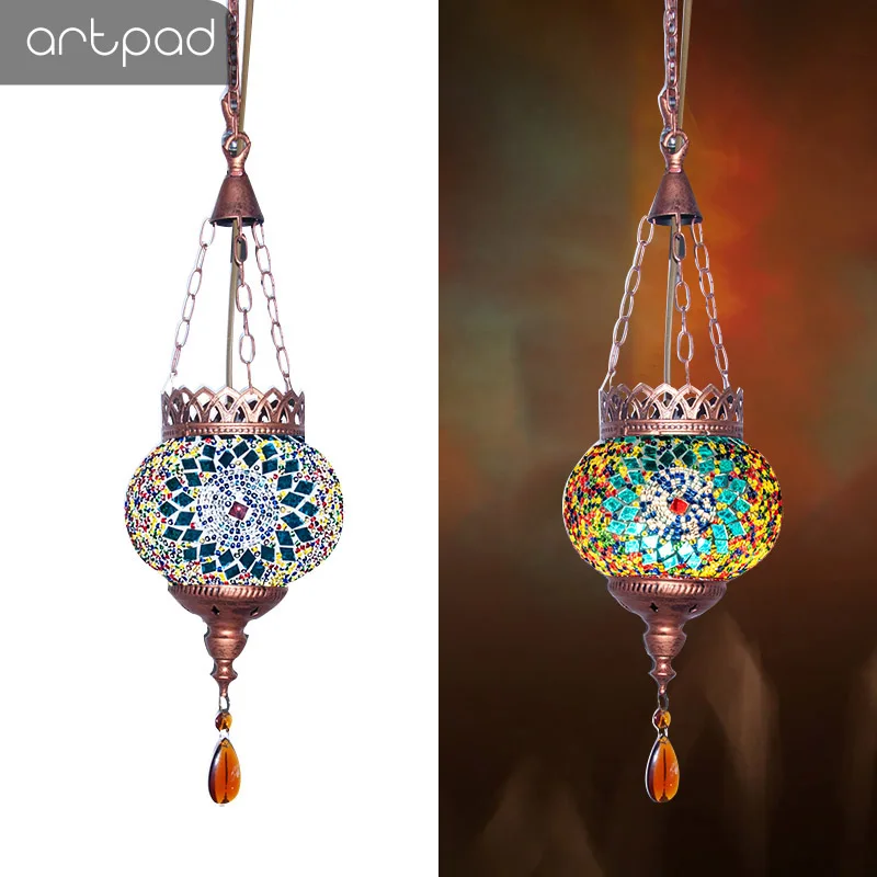 Artpad Mediterranean Style Turkish Moroccan Pendant Light Decoration Handmade Glass Shade Restaurant E27 Mosaic Hanging Lamp