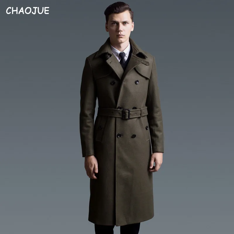 2023 CHAOJUE Extra Long Woolen Coat Male British Double-breasted Trenchcoat Mens Slim Fit Classic Army Green Warm Pea Coat