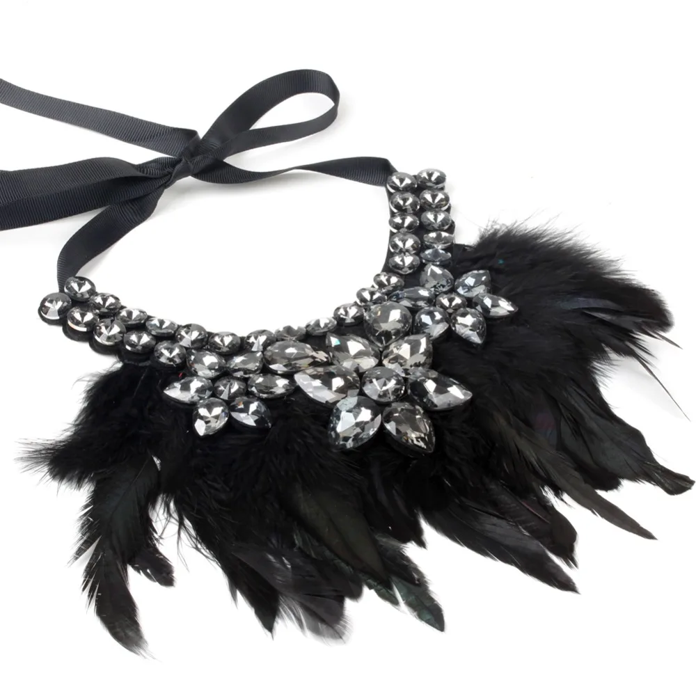 ZMZY Feather Choker Necklace With Glass Crystal Handmade Necklace Jewelry For Women