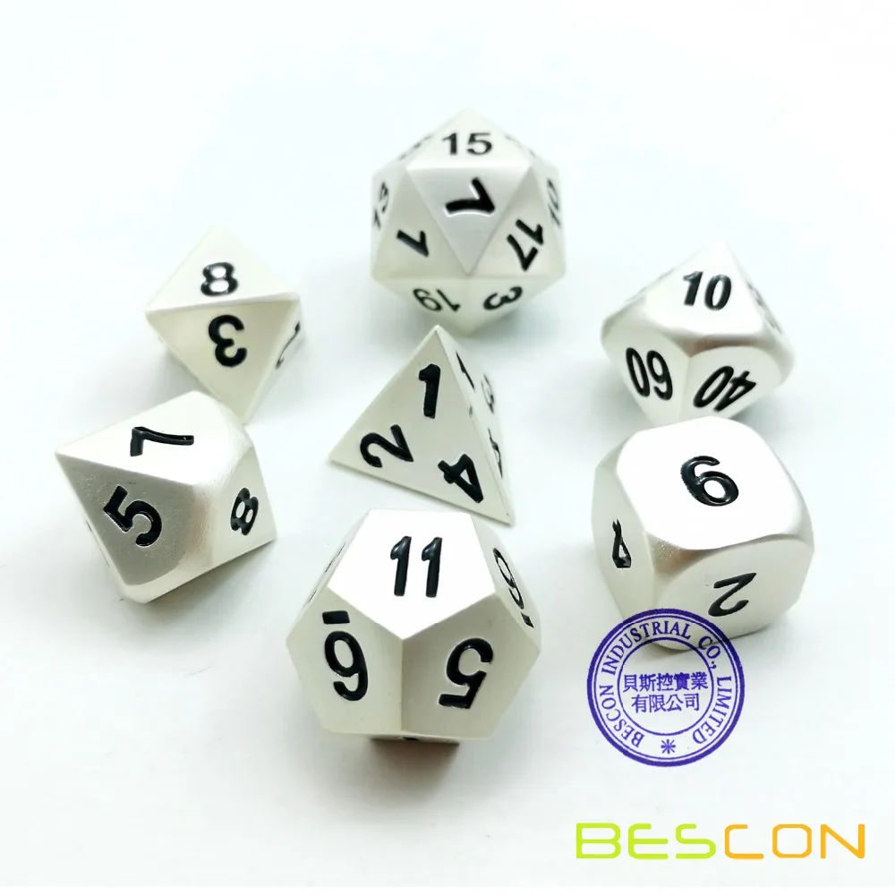 

Bescon RPG Metal Dice Set of 7 Matt Pearl Silver Effect Solid Metal Polyhedral RPG Role Playing Game Dice 7pcs Set