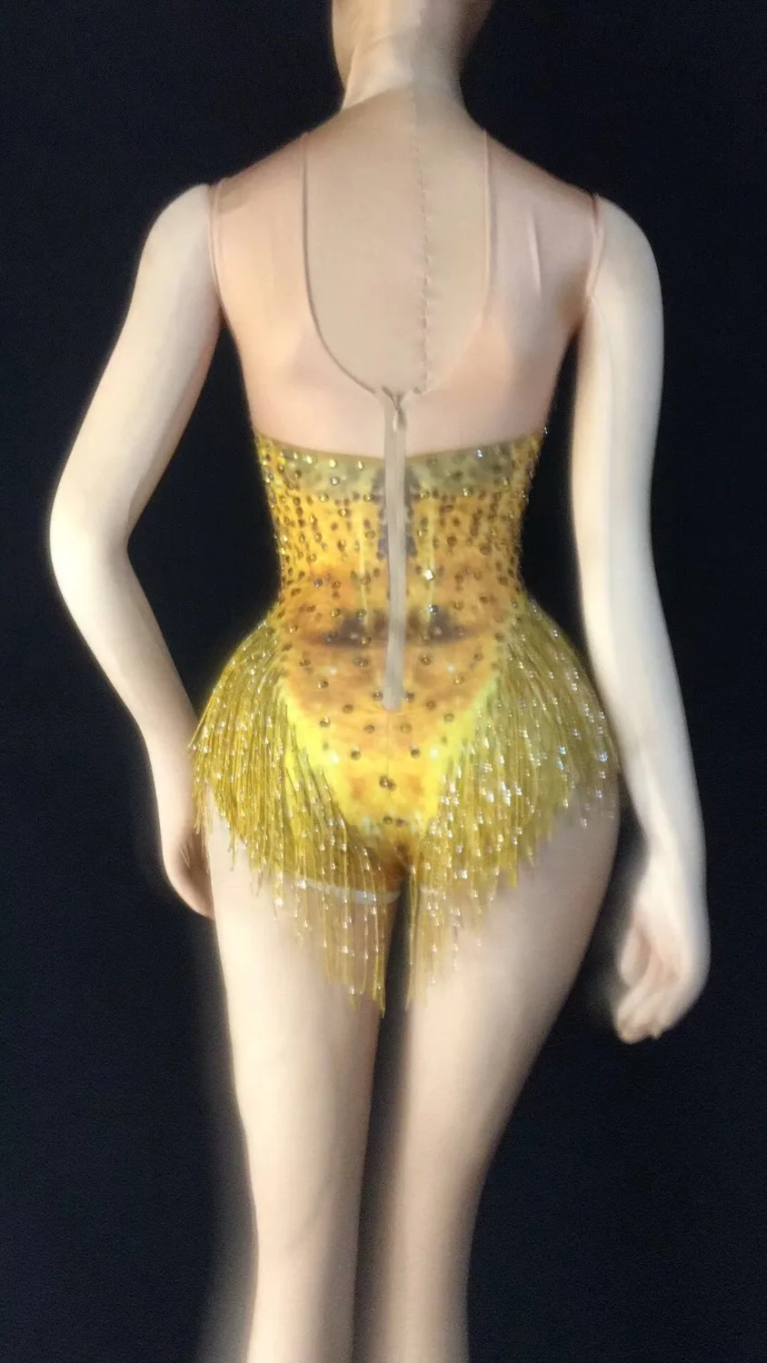 Sexy Gold Fringe Leotard Nude Spandex One Piece Rhinestones  Stage dance costume party favors party Costumes