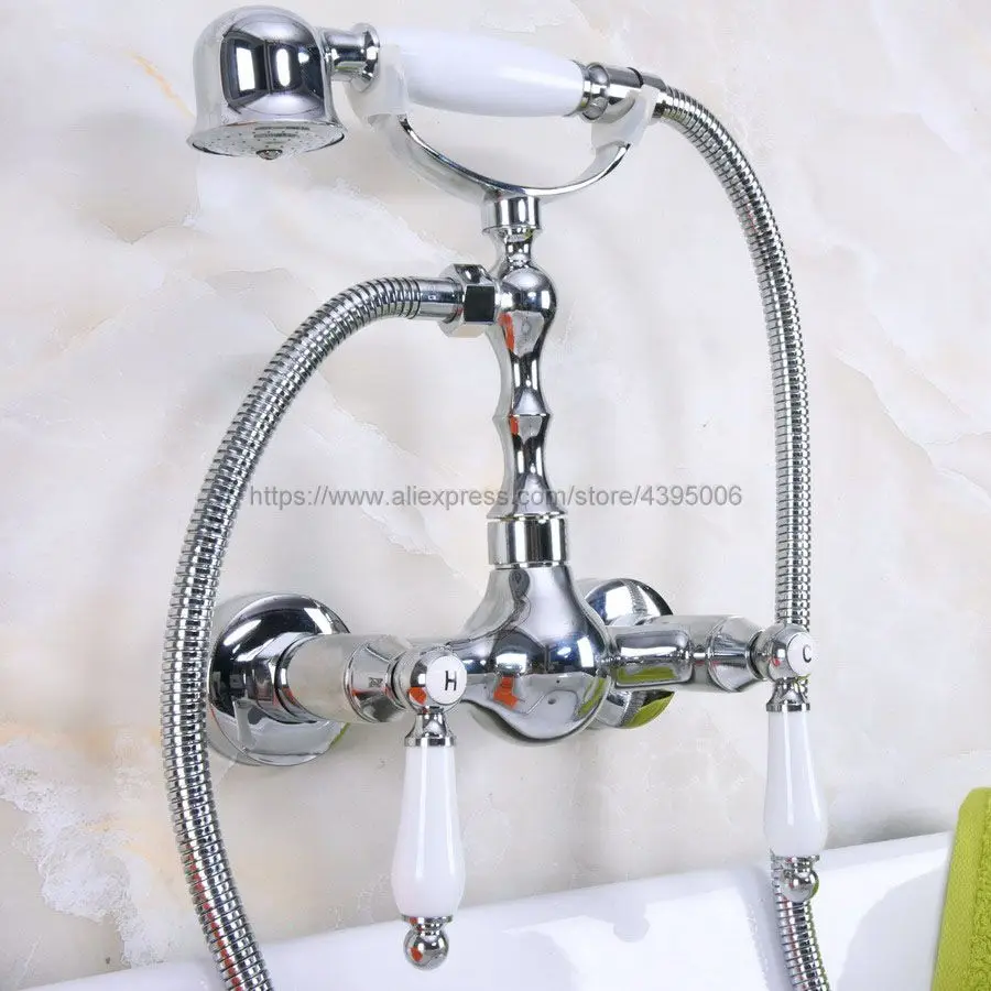 

Polished Chrome Wall Mounted Bathroom Bathtub Shower Faucet Set Mixer Tap With Hand Shower set Bna213