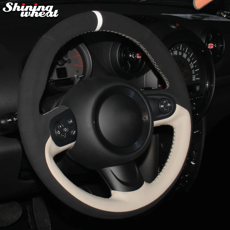 

Shining wheat Hand-stitched Black Suede Beige Leather Car Steering Wheel Cover for Mini Coupe