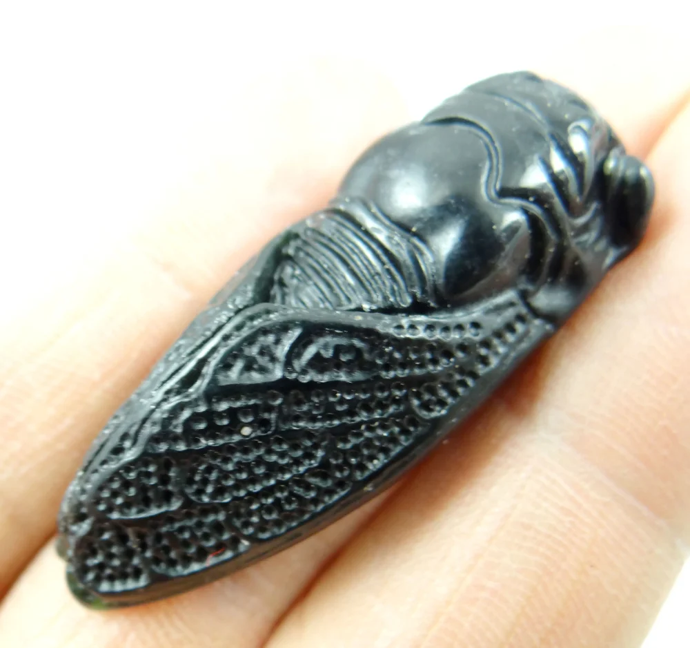 46*18*11MM Wholesale natural Chinese black green stone hand-carved statue of cicada amulet pendant necklace