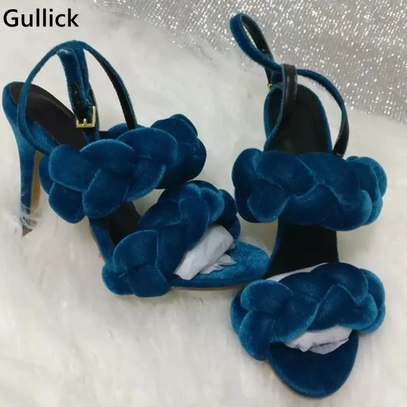 Gullick 2018 New Fashion High Heels Sandals Women Sexy Velvet Open Toe Buckle Shoes Female Weave Elegan Pumps Heels Real Photos